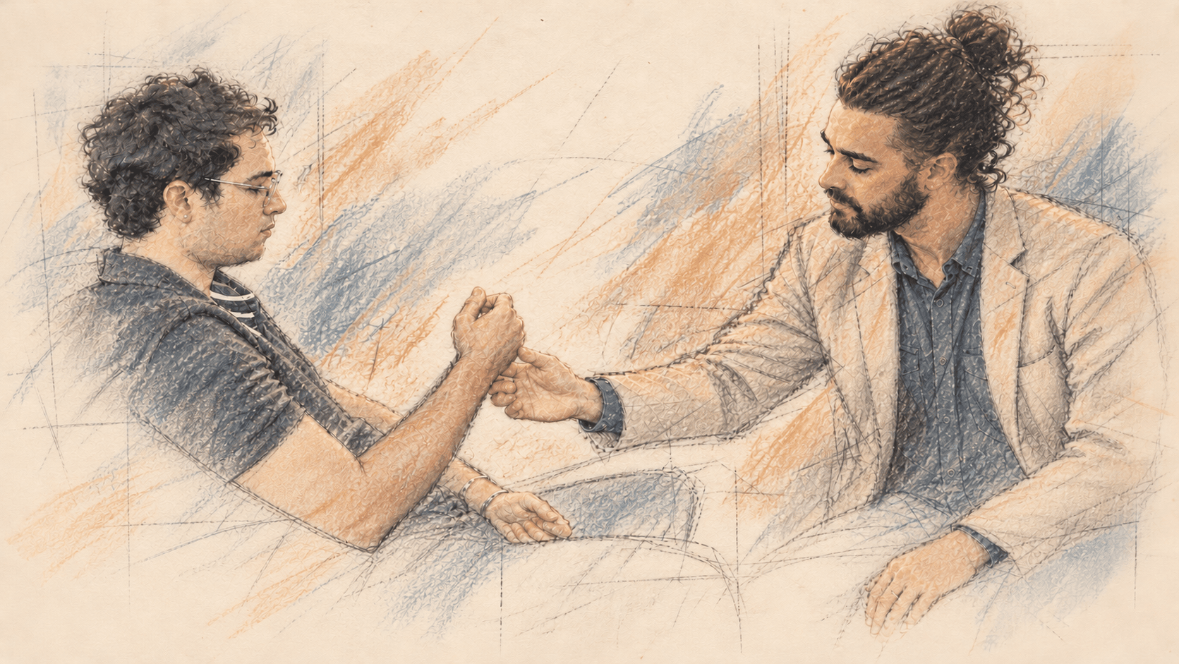 Ilustração de Victor Lawrence acompanhando uma experiência de levitação da mão em hipnose clínica